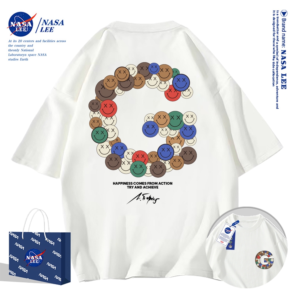 เสื้อยืดแขนสั้นผ้าฝ้ายคอตตอนลาย NASA รุ่นใหม่สำหรับฤดูร้อน 2024 แบบหลวมและระบายอากาศได้ดี