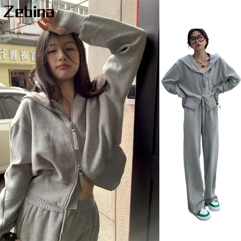 Zebina เสื้อกันหนาวผู้หญิงเสื้อแจ็คเก็ต retro ซิปคู่ hooded สั้นสไตล์แขนยาวสีเทาเอว cinched กีฬา top