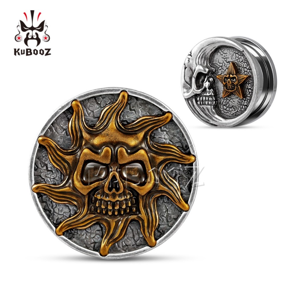 Kuboz 1 คู่หู Expander ปลั๊ก Skull Sun Moon Gauges อุโมงค์ Stretchers เจาะเครื่องประดับสแตนเลสต่างหู