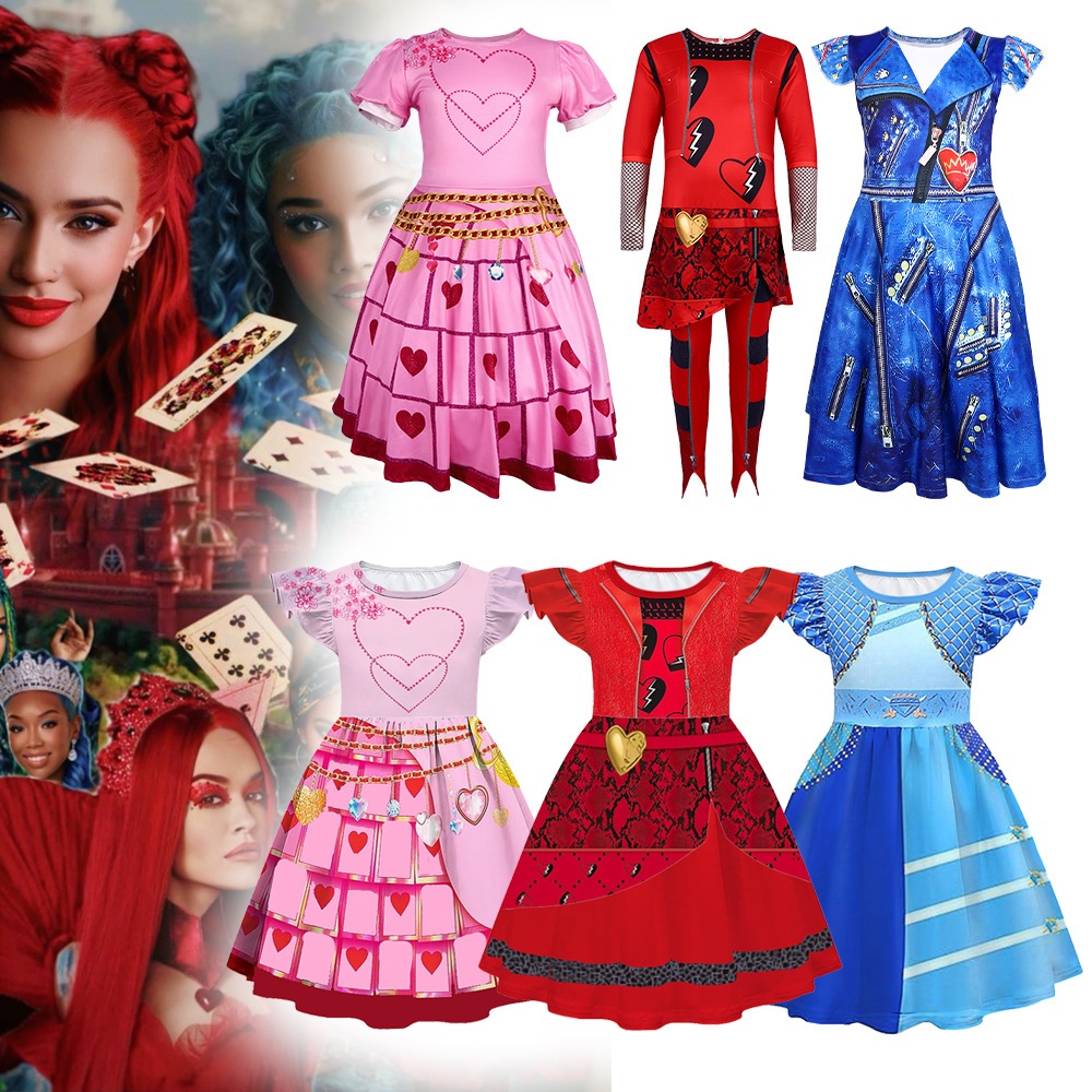 Mal Descendants เครื่องแต่งกายสําหรับเด็ก, Evie Chloe เครื่องแต่งกายสีแดงสําหรับเด็กผู้หญิง, ฮาโลวีนในชุดจั๊มสูทคอสเพลย์สีแดง