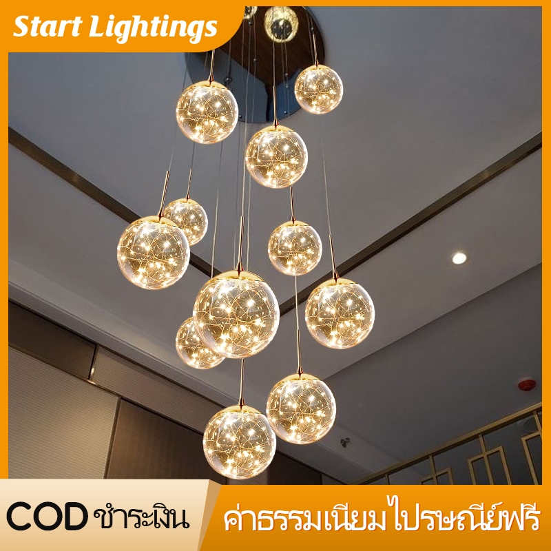 บันไดยาวโคมระย้าห้องนั่งเล่นที่ทันสมัยโคมไฟเพดานสูงห้องนอนโคมระย้าตกแต่ง