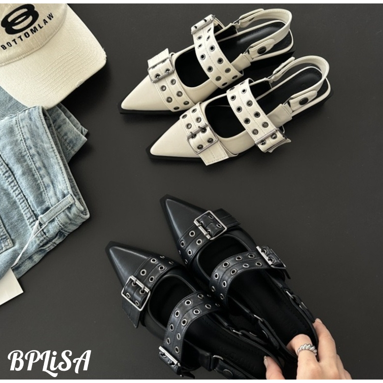 2024 ฤดูร้อนสไตล์เกาหลีตัดต่ําแบนรองเท้าผู้หญิงเข็มขัดหัวเข็มขัดชี้ หมุดย้ํา ปั๊ม