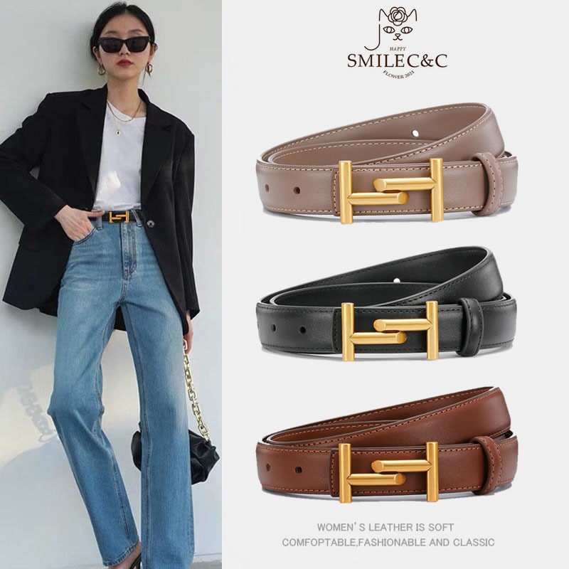 SmileFairyCC【COD & พร้อมส่ง】เข็มขัดหนังหัวเข็มขัดรูปตัว T สไตล์เกาหลี สำหรับผู้หญิง