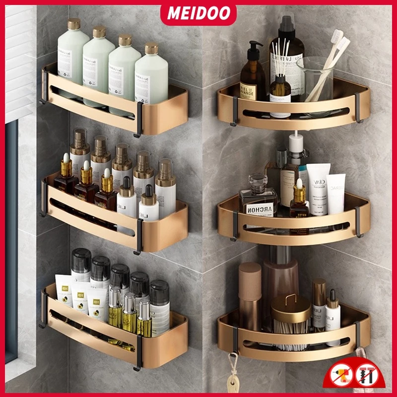 MEIDOO ชั้นวางห้องน้ำแบบเข้ามุม ชั้นวางสีทอง โครงเข้ามุม ไม่ต้องเจาะในการติดตั้ง