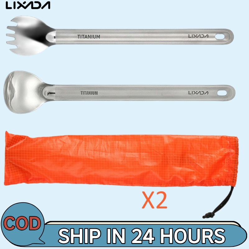Lixada ชุดช้อนส้อมไทเทเนียมด้ามจับยาวแบบพกพาสําหรับตั้งแคมป์กลางแจ้ง