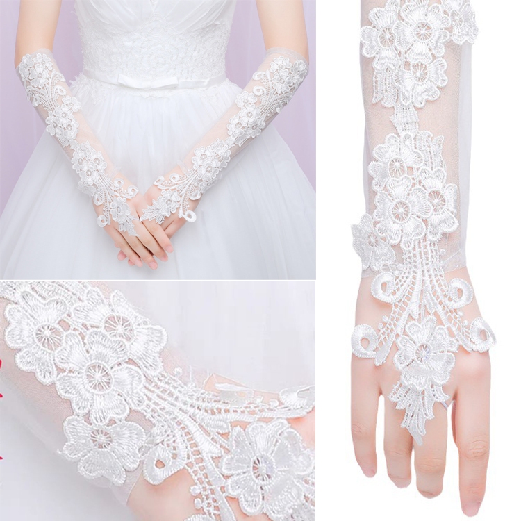 ชุดแต่งงานเจ้าสาวใหม่ถุงมือลูกไม้แต่งงานถุงมือไร้นิ้วสีขาวบางยาวถุงมือที่เรียบง่าย