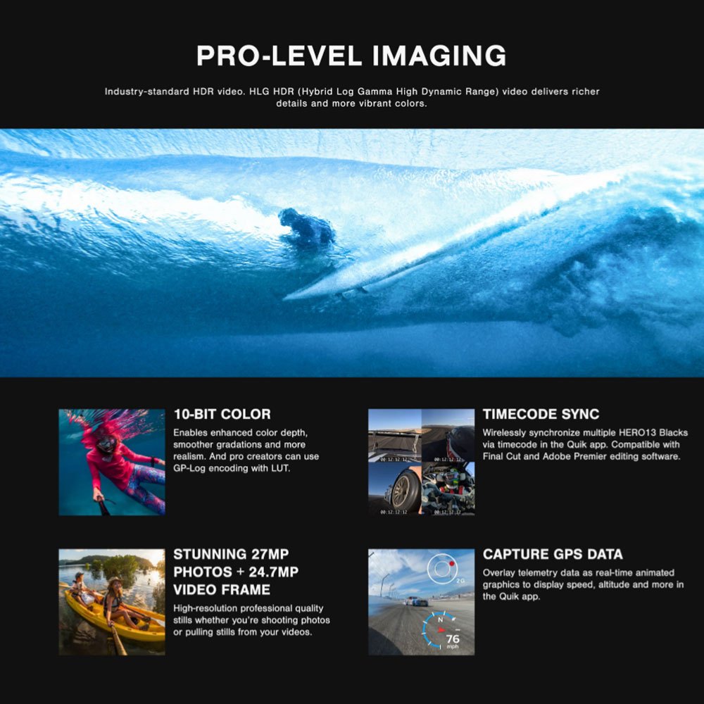 [รับประกัน 1 ปี] GoPro Hero13 Black Action Camera Video 5.3K60/ 4K120 + Photo 27MP , HyperSmooth 6.0, HLG-HDR Video, Rugged + กันน้ํา 33ft (10m), GPS Burst Slo-Mo, GPS Burst