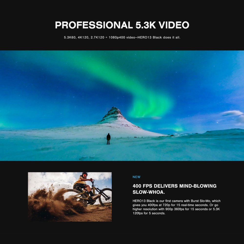 [รับประกัน 1 ปี] GoPro Hero13 Black Action Camera Video 5.3K60/ 4K120 + Photo 27MP , HyperSmooth 6.0, HLG-HDR Video, Rugged + กันน้ํา 33ft (10m), GPS Burst Slo-Mo, GPS Burst