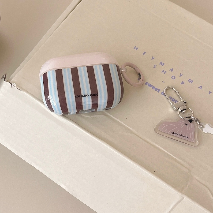 หูฟังเคสบลูทูธเข้ากันได้สําหรับ AirPods 4 1/2 Pro(2019) 3 Pro2(2022) coffee blue stripe เคส IMD พร้อมสายรัด