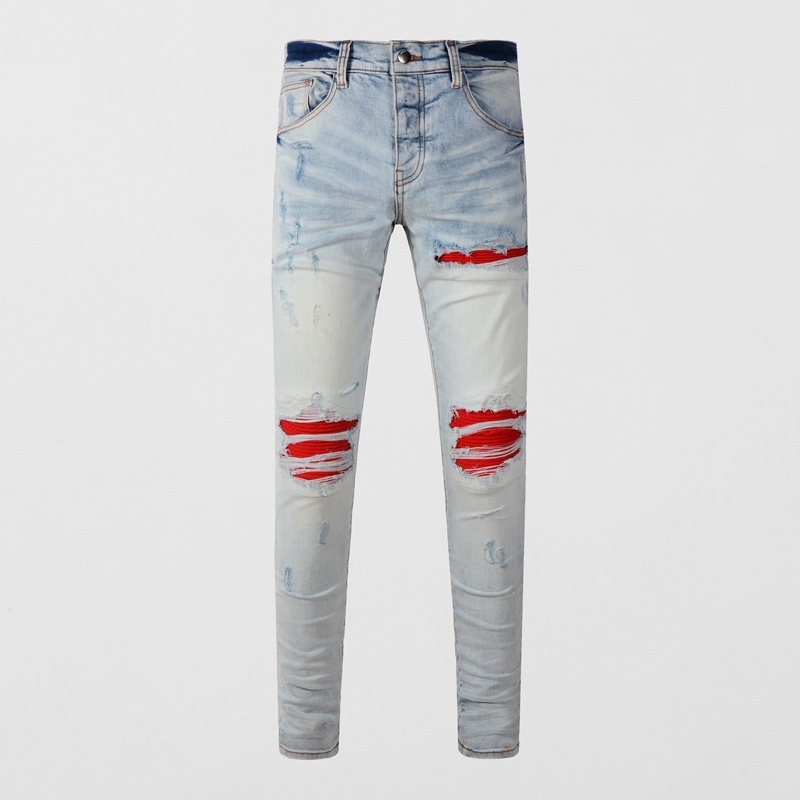 Amiri สตรีทแฟชั่นแบรนด์ผู้ชายกางเกงยีนส์สีฟ้าอ่อนสลิมฟิตยืดหยุ่นสีแดงแพทช์ปุ่มออกแบบคุณภาพสูงผู้ชายฮิปฮอปกางเกงยีนส์