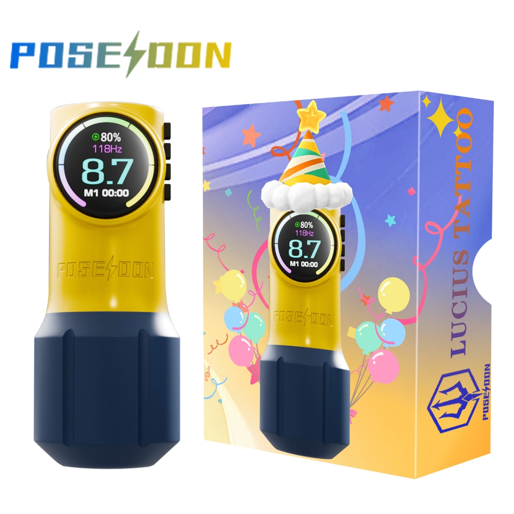 Poseidon Tattoo Pen Kit- เครื่องสักพร้อมอุปกรณ์สัก, ปากกาสักไร้สายพร้อมแหล่งจ่ายไฟความจุ 1600mAh และจอแสดงผล LED ดิจิตอลสําหรับศิลปิน