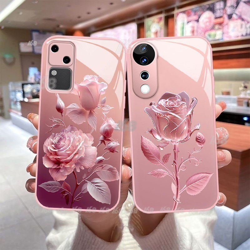 เคส Vivo V40 V30 Y200 V29 V29E V30E 5G เคส Vivo V40 V30 Pro น่ารักกุหลาบกันกระแทกพร้อมฝาครอบกล้องป้องกันเลนส์สายคล้องเชือกเส้นเล็กสีเมทัลลิกซิลิโคนหรูหราแก้วเคสโทรศัพท์สําหรับสาวผู้หญิง
