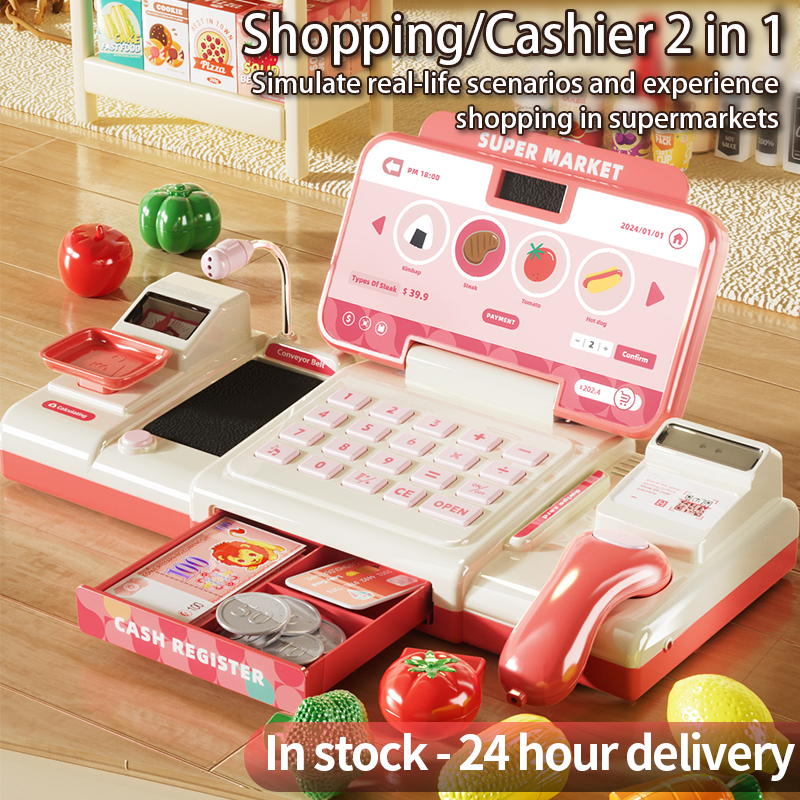 Yimi ของเล่นลงทะเบียนเงินสดเด็กแกล้งเล่นของเล่นเกมช้อปปิ้งซูเปอร์มาร์เก็ตเครื่องคิดเลขร้านขายของชําด้วยเสียง