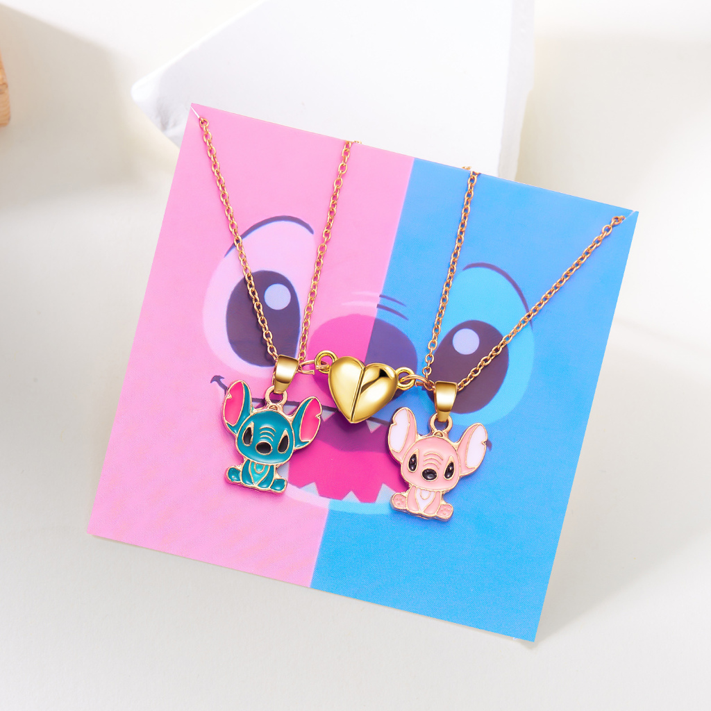 Lanxiu 2 ชิ้น/เซ็ตน่ารัก Stitch สร้อยคอคู่หัวใจดึงดูดแม่เหล็กคนรักสร้อยคอผู้หญิงผู้ชายเครื่องประดับมิตรภาพพร้อมบัตรของขวัญ