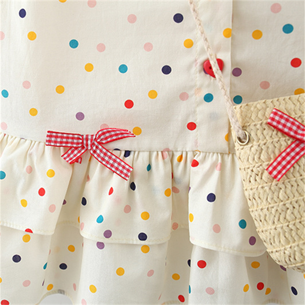 ฤดูร้อนชุดเดรสใหม่สําหรับเด็กทารกที่มีเสื้อกั๊กแขนกุดลายจุดสีสันสดใสปกลูกไม้และถุงตะกร้าไม้ไผ่เป็นของขวัญ - รูปที่ 4