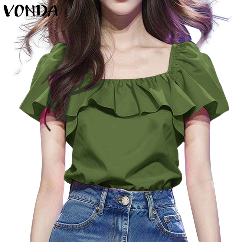 แย่ ผู้หญิงสแควร์คอแขนสั้นสีทึบหลวมนัวเนียเสื้อ