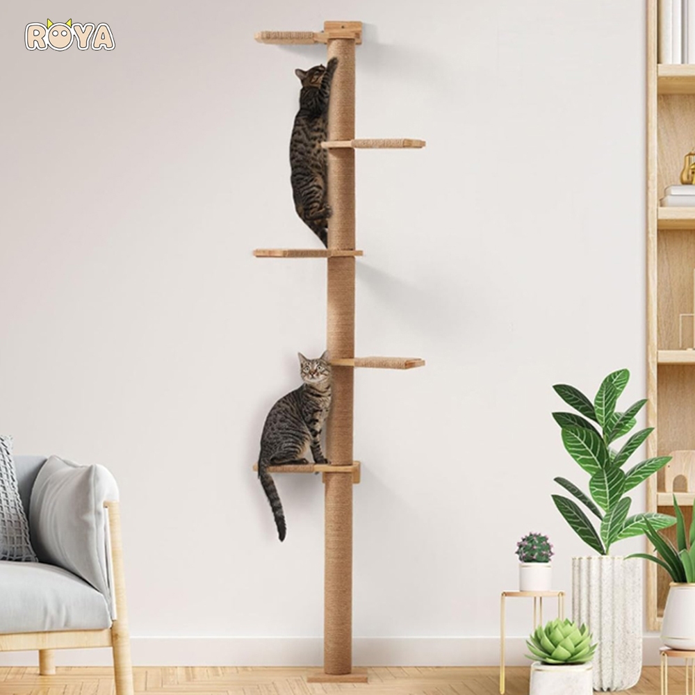 Roya ต้นไม้แมวสูง 6 ชั้นจากพื้นจรดเพดาน Cat Tower ไม้เนื้อแข็ง Cat Scratching โพสต์ติดผนัง