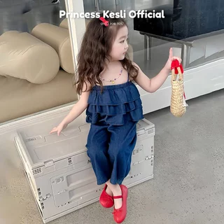 Princess Kesli ชุดเชทเด็กผู้หญิง แขนกุด ผ้ายีนส์ ดเชทเด็ก 2ชิ้น แฟชั่นฤดูร้อน สวมใส่สบาย 1-9ปี