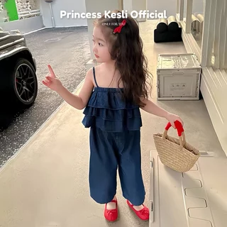 Princess Kesli ชุดเชทเด็กผู้หญิง แขนกุด ผ้ายีนส์ ดเชทเด็ก 2ชิ้น แฟชั่นฤดูร้อน สวมใส่สบาย 1-9ปี