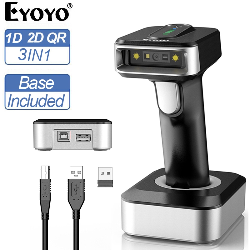 Eyoyo 1D 2D Barcode Scanner พร้อมฐานผ่านบลูทูธ 3in1 สาย USB 2.4G ไร้สาย QR Code Scanner พร้อมตัวบ่งชี้ระดับพลังงาน