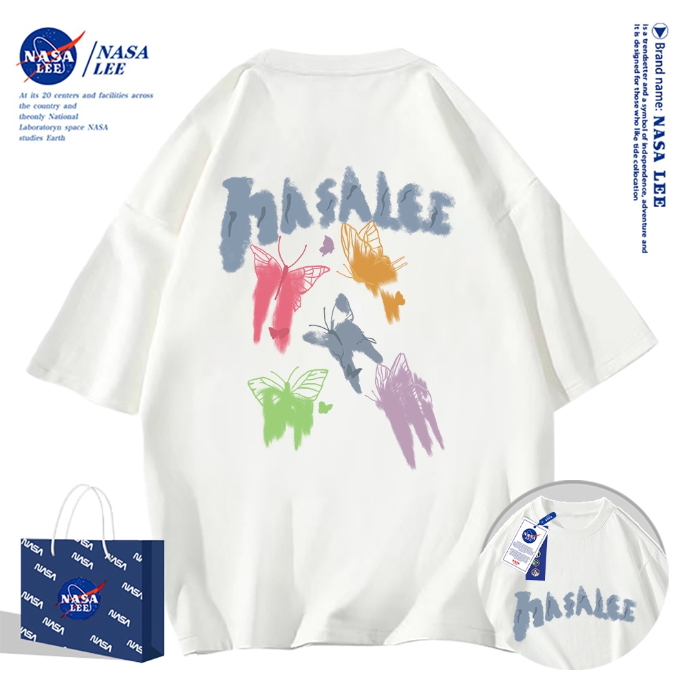 เสื้อยืดแขนสั้นผ้าฝ้ายคอตตอนลาย NASA รุ่นใหม่สำหรับฤดูร้อน 2024 แบบหลวมและระบายอากาศได้ดี