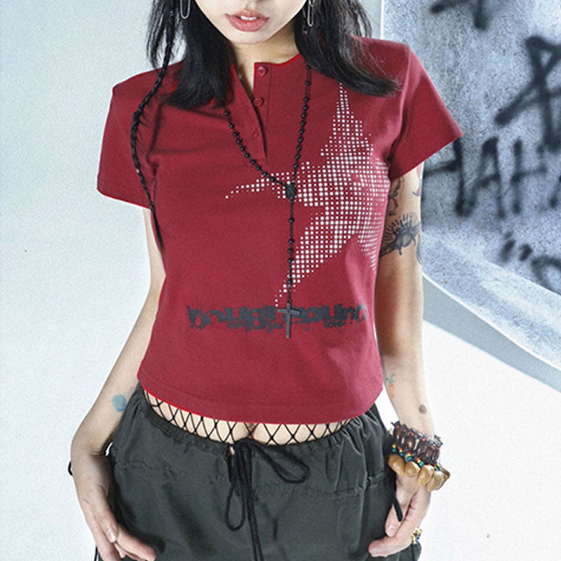 Y2k Harajuku Star Pattern พิมพ์รอบคอ Crop Top ผู้หญิงแขนสั้น Gothic Retro Dark เสื้อยืด