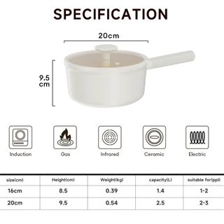 JEETEE [ถอดด้ามจับได้] หม้อเซรามิกเคลือบสารกันติด 16/20cm หม้อต้มนมพร้อมฝาปิด เหมาะกับเตาทุกประเภท