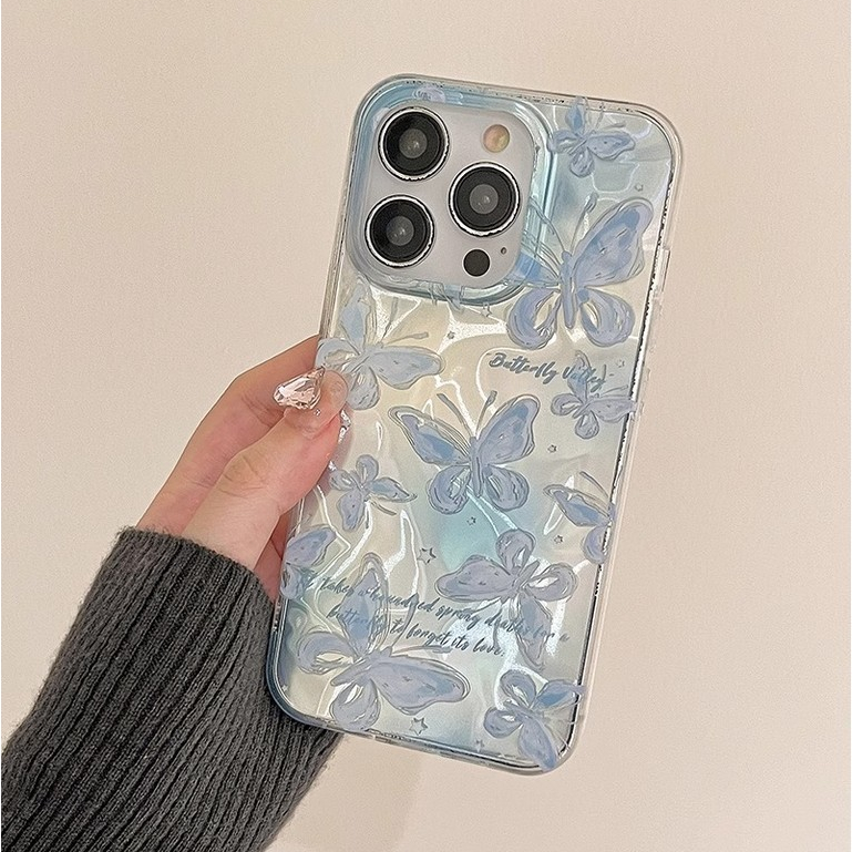 Huiwanju ins ระลอกน้ําผีเสื้อสีฟ้า เหมาะสําหรับเคสโทรศัพท์มือถือ iPhone15promax ip14pro ความรู้สึกระดับไฮเอนด์ของผู้หญิง 13 รวมทุกอย่างป้องกันการตก 12 11 เคสป้องกันเรียบง่าย