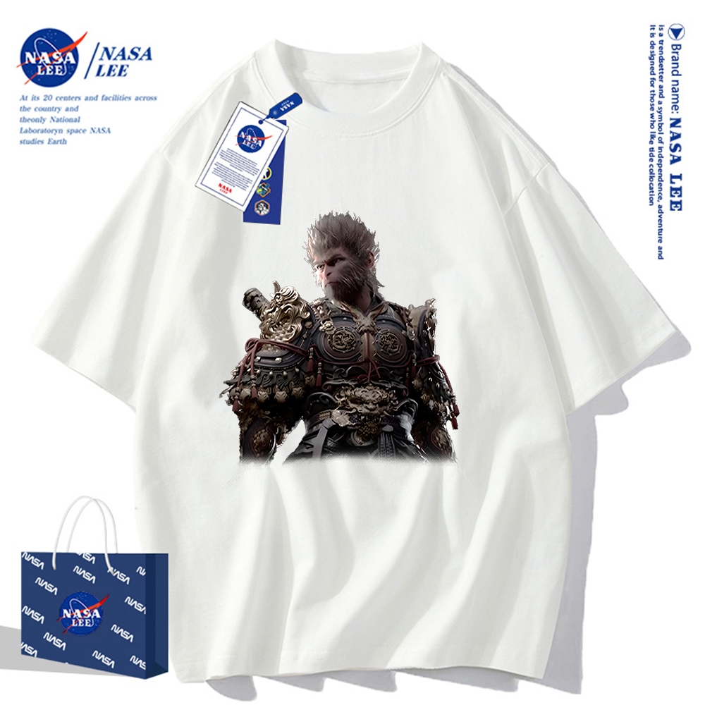 เสื้อยืดแขนสั้นผ้าฝ้ายคอตตอนลาย NASA รุ่นใหม่สำหรับฤดูร้อน 2024 แบบหลวมและระบายอากาศได้ดี