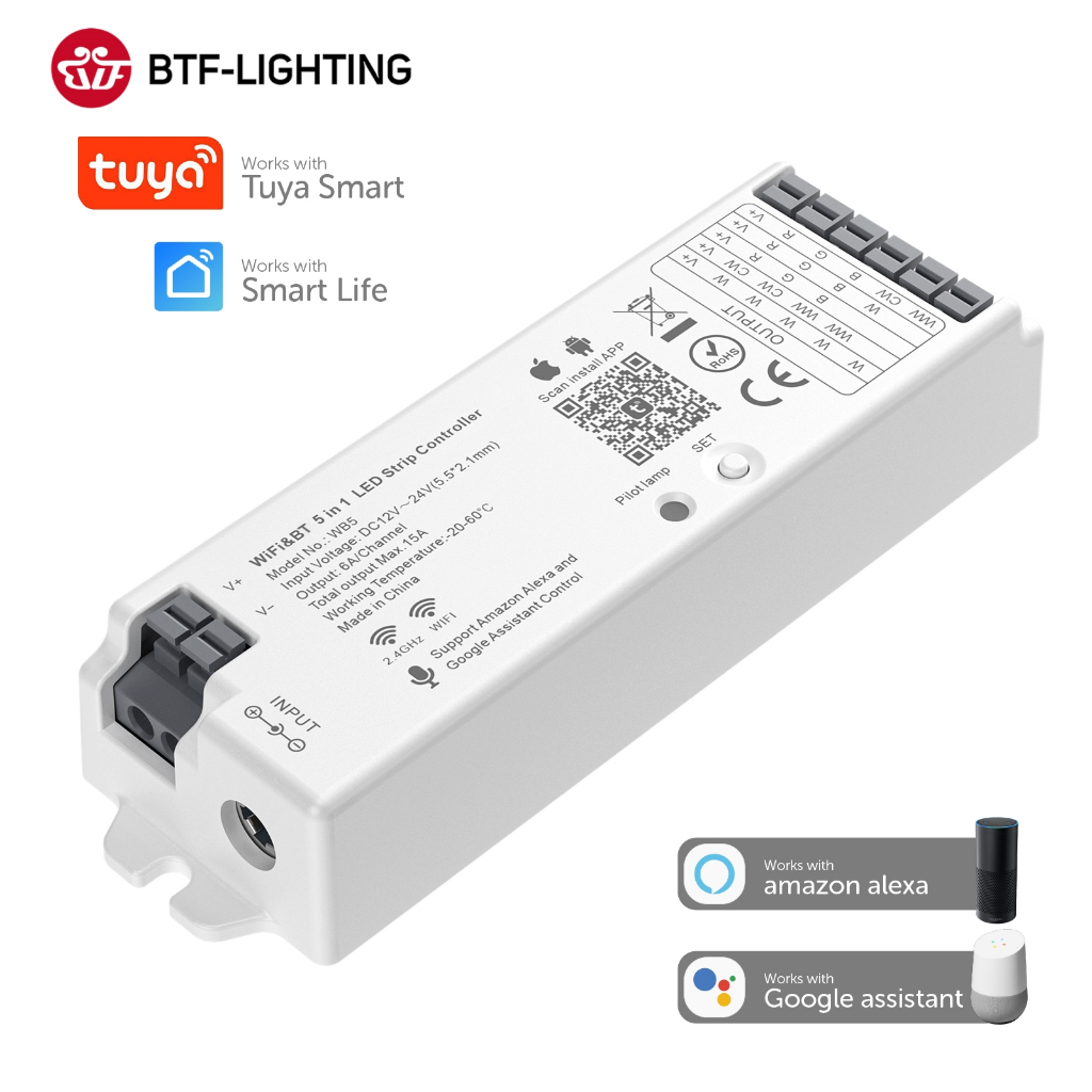 BTF-LIGHTING Tuya WiFi & ฟันสีฟ้า ตัวควบคุม PWM LED WB5 ใช้งานร่วมกับ Smart Life Tuya สมาร์ท APP