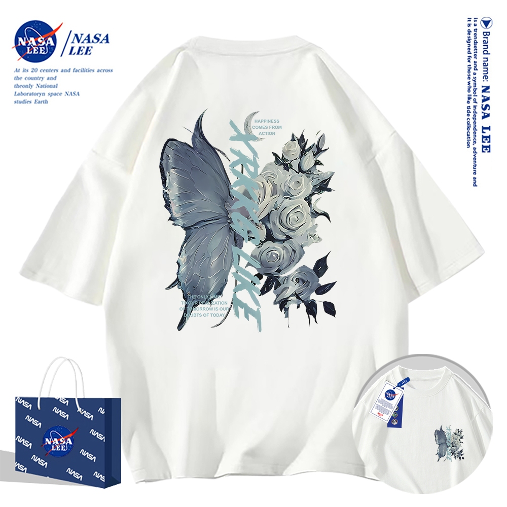 เสื้อยืดแขนสั้นผ้าฝ้ายคอตตอนลาย NASA รุ่นใหม่สำหรับฤดูร้อน 2024 แบบหลวมและระบายอากาศได้ดี