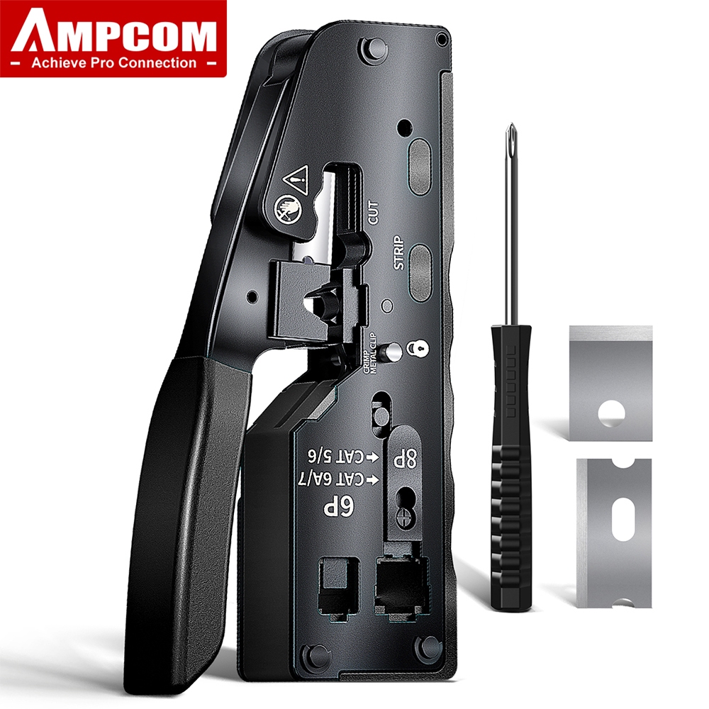 Ampcom Cat 7 เครื่องมือจีบเครือข่าย CRIMP/CUT/TRIM/STRIP 4-IN-1 ใช้งานได้กับ Pass Thru/Non-Pass Thru