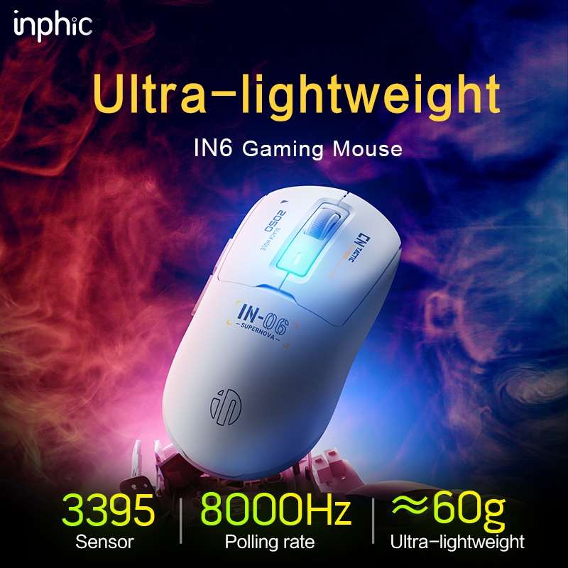 Inphic IN6 เมาส์สําหรับเล่นเกมไร้สาย/แบบมีสาย Super-Fast Mouse PAW3395 8000Hz 6 ปรับแต่งปุ่มเมาส์แบบ