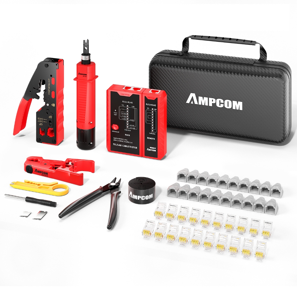 Ampcom RJ45 Pass ผ่าน Crimping เครือข่ายชุดเครื่องมือสําหรับ Cat5e Cat6 Cat7 พร้อม Wire Stripper/Punch Down เครื่องมือ/TEL/LAN เครื่องทดสอบสายเคเบิล