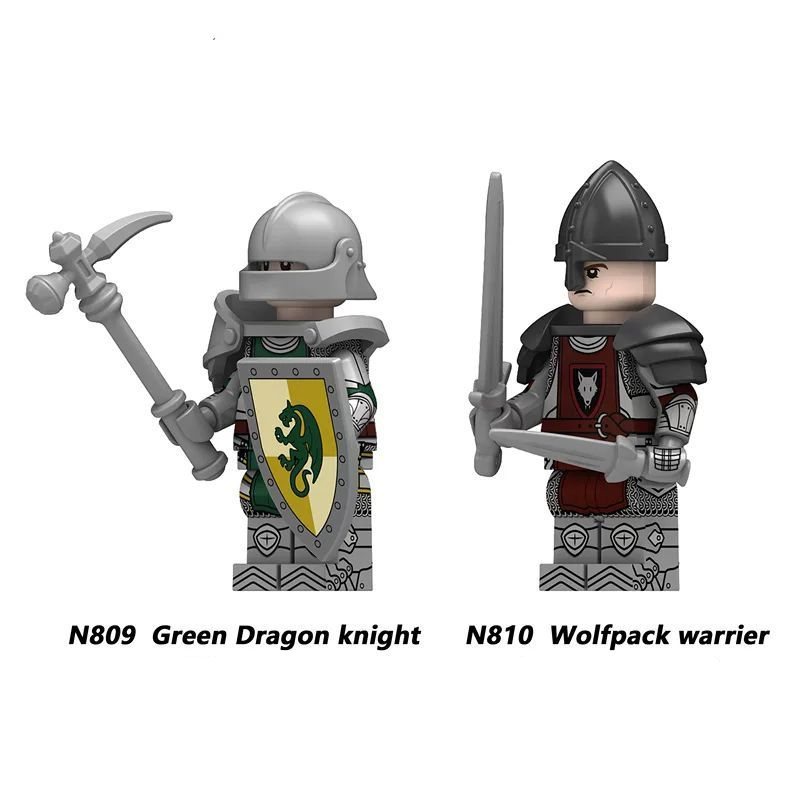 ปราสาทอัศวินบล็อกรูปมังกรสีเขียวอัศวิน Wolfpack wrier Building Block ของเล่น N809-N810