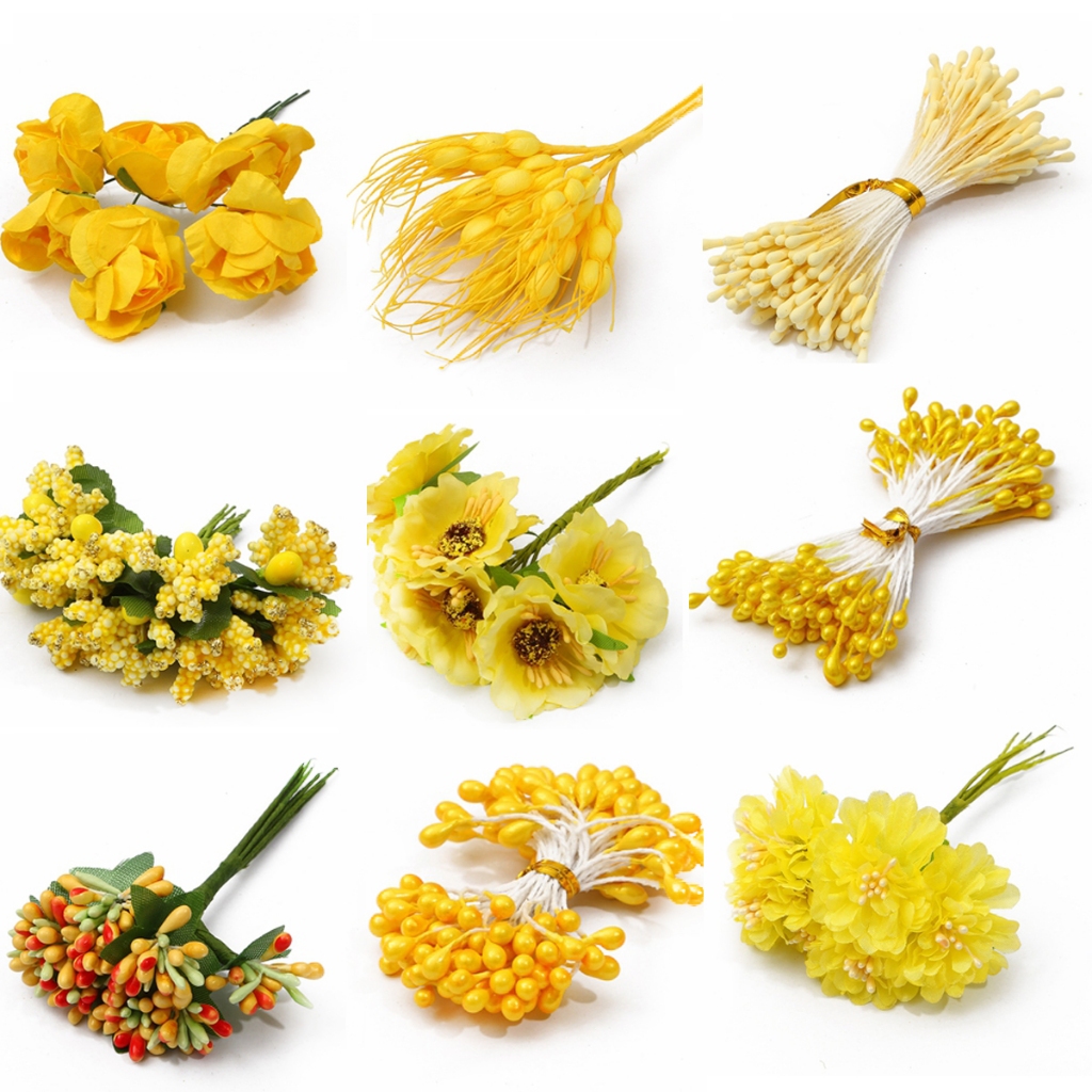 Yellow Series ดอกไม้ประดิษฐ์ Cherry Stamen Berries Bundle DIY คริสต์มาสงานแต่งงานเค้กกล่องพวงหรีดตกแต่ง