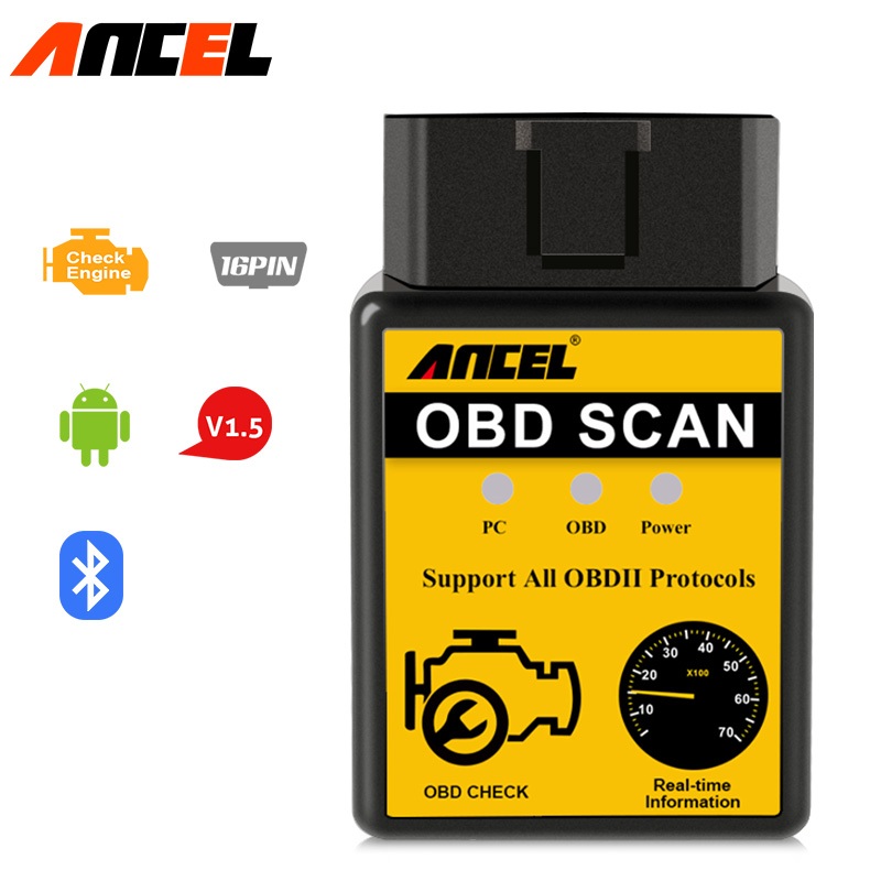 Ancel ELM327 V1.5 OBD2 บลูทูธเครื่องสแกนเนอร์รถยนต์จอแสดงผลเครื่องวัดแรงดันไฟฟ้าการใช้เชื้อเพลิงเครื่องมือวินิจฉัยยานยนต์