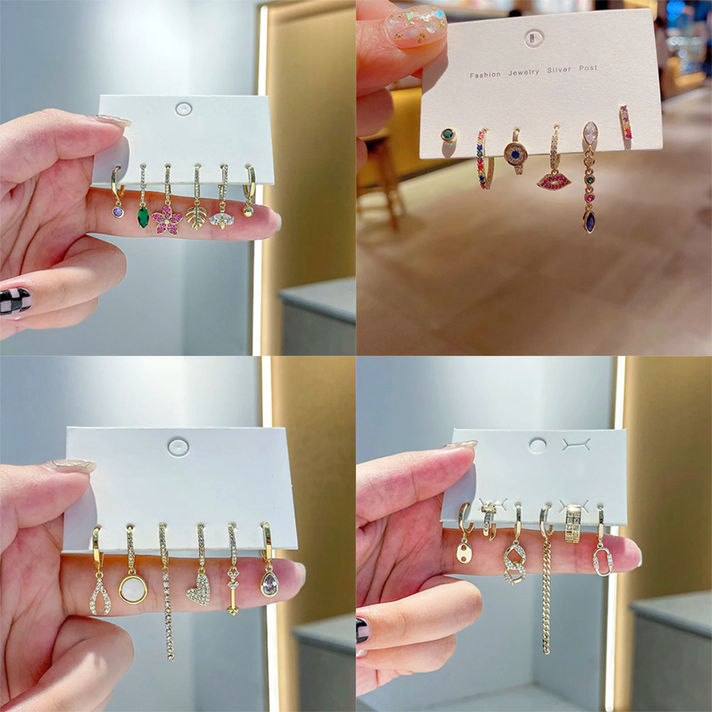 6 ชิ้นต่างหูชุด Water Drop Heart Dangle ต่างหู Hoop ต่างหูแฟชั่นชุดเครื่องประดับ