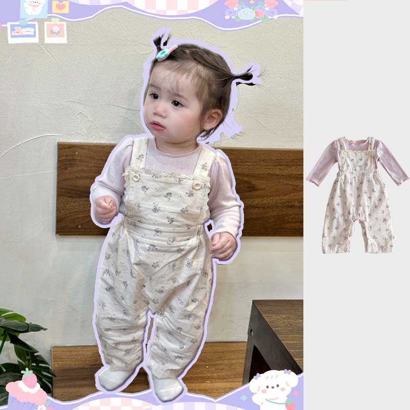 สาวชุด ชุดรอมเปอร์ทารกกับเสื้อแขนยาวชุดสาวหวานชุดหลวมดอกไม้ฤดูใบไม้ร่วงสาวชุด