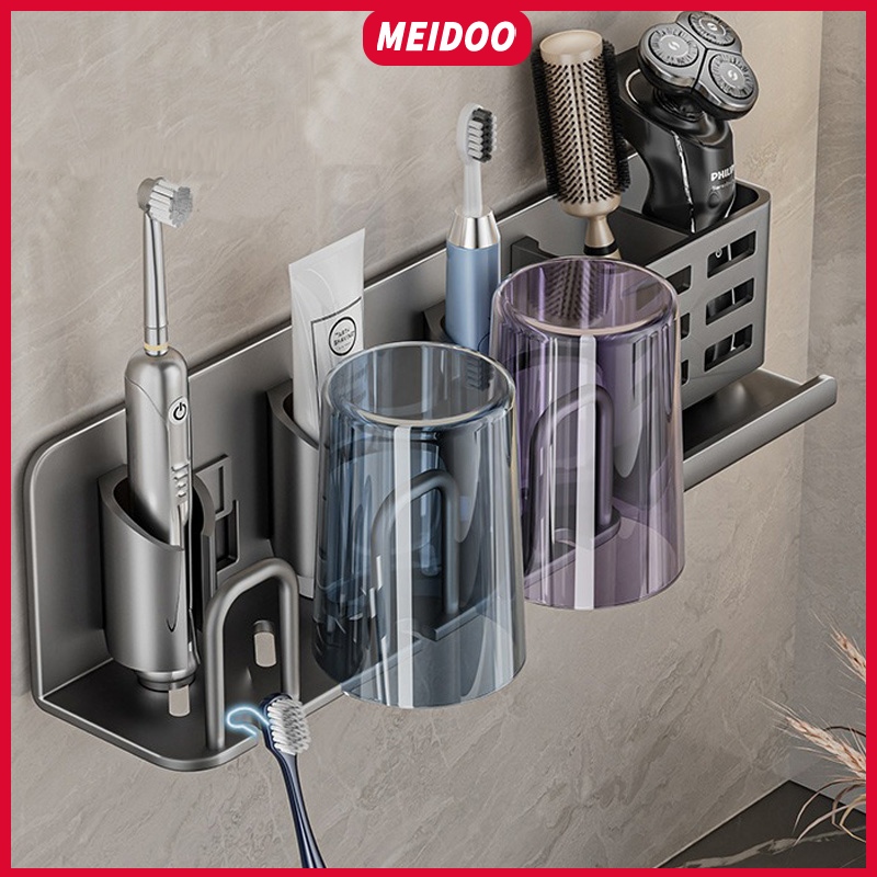 Meidoo ที่วางแปรงสีฟันไฟฟ้า ที่วางแก้ว อะลูมิเนียม ชั้นติดผนัง ติดผนัง แบบไม่ต้องเจาะ