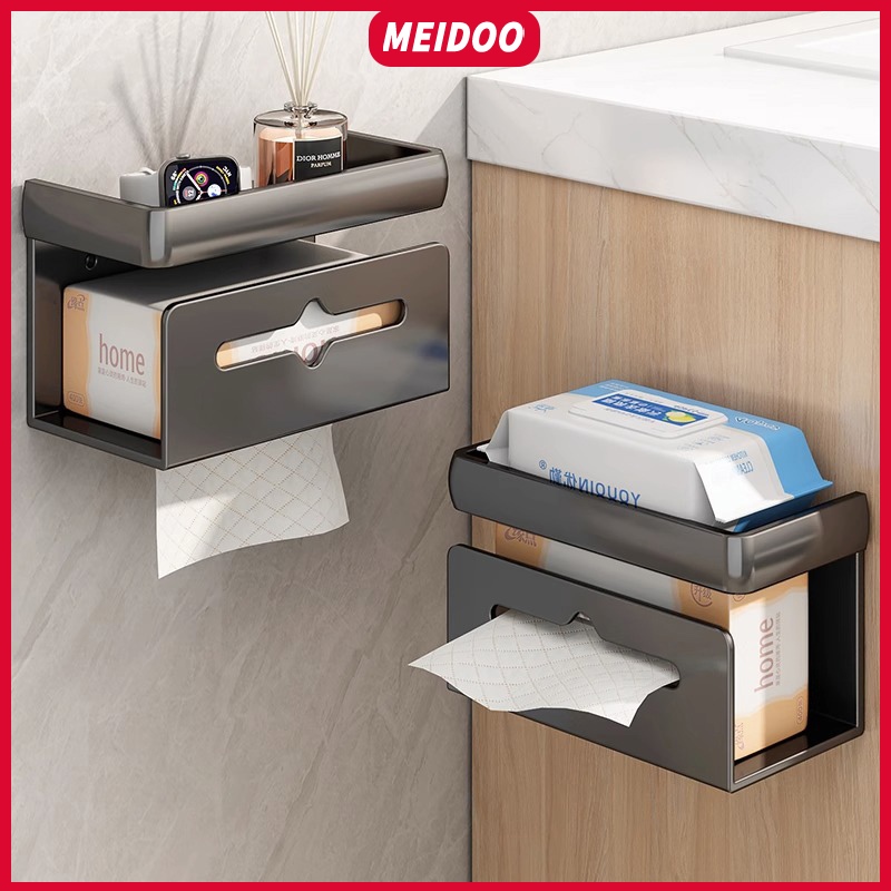 Meidoo ที่ใส่ทิชชู่ สีดํา สีเทา สไตล์สั้น สองวิธี ติดตั้งได้ กันน้ํา ไม่เป็นสนิม