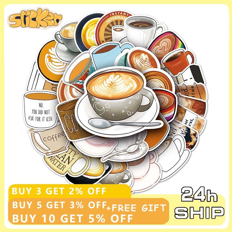 50ชิ้นกาแฟเครื่องดื่มสติกเกอร์สําหรับ ทําเอง สมุดกระเป๋าเดินทางขวดน้ําโทรศัพท์แล็ปท็อปกีตาร์สติกเกอร์