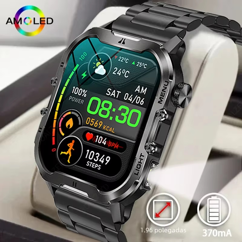 2025 กลางแจ้งทหาร SmartWatch GPS trackr 5ATM ไฟฉาย 1.96" HD จอแสดงผลบลูทูธผู้ชายกีฬาฟิตเนส Smartwatc