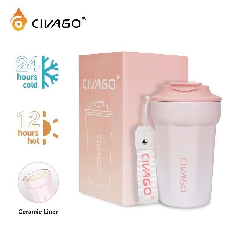 Civago（13oz）แก้วกาแฟสแตนเลสซับเซรามิกสีชมพูพร้อมฝาปิดกระติกน้ําสูญญากาศแก้วน้ําร้อนและเย็น