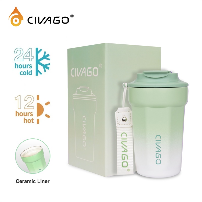 Civago（13oz）แก้วกาแฟสแตนเลสสีเขียวเซรามิคพร้อมฝาปิดกระติกน้ําสูญญากาศแก้วน้ําร้อนและเย็น