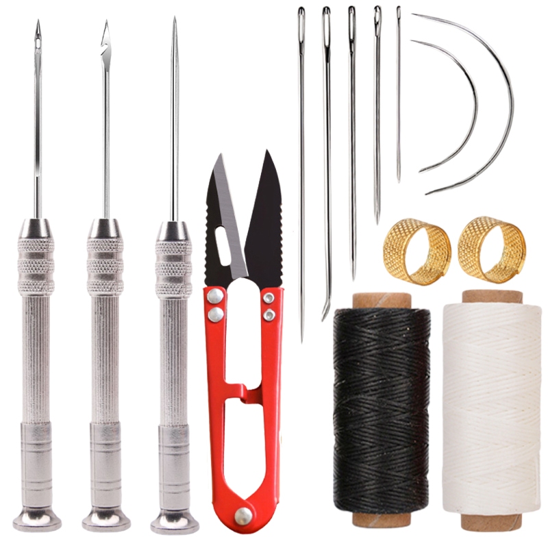 ยี่ห้อใหม่หนังเย็บชุดเครื่องมือรองเท้า Handmade ซ่อมชุดสแตนเลส Awl Wax ด้ายกรรไกรเย็บเข็ม Thimble Home DIY Craft เครื่องมือ