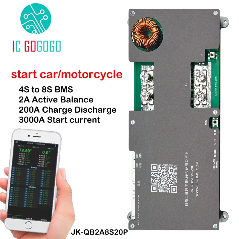 Jikong Start รถ 4S ถึง 8S 2A Active Balance BMS 3000A เครื่องยนต์รถจักรยานยนต์ 200A ชาร์จ Discharge แผ่นป้องกัน JK 12V 24V สมาร์ทบลูทูธ