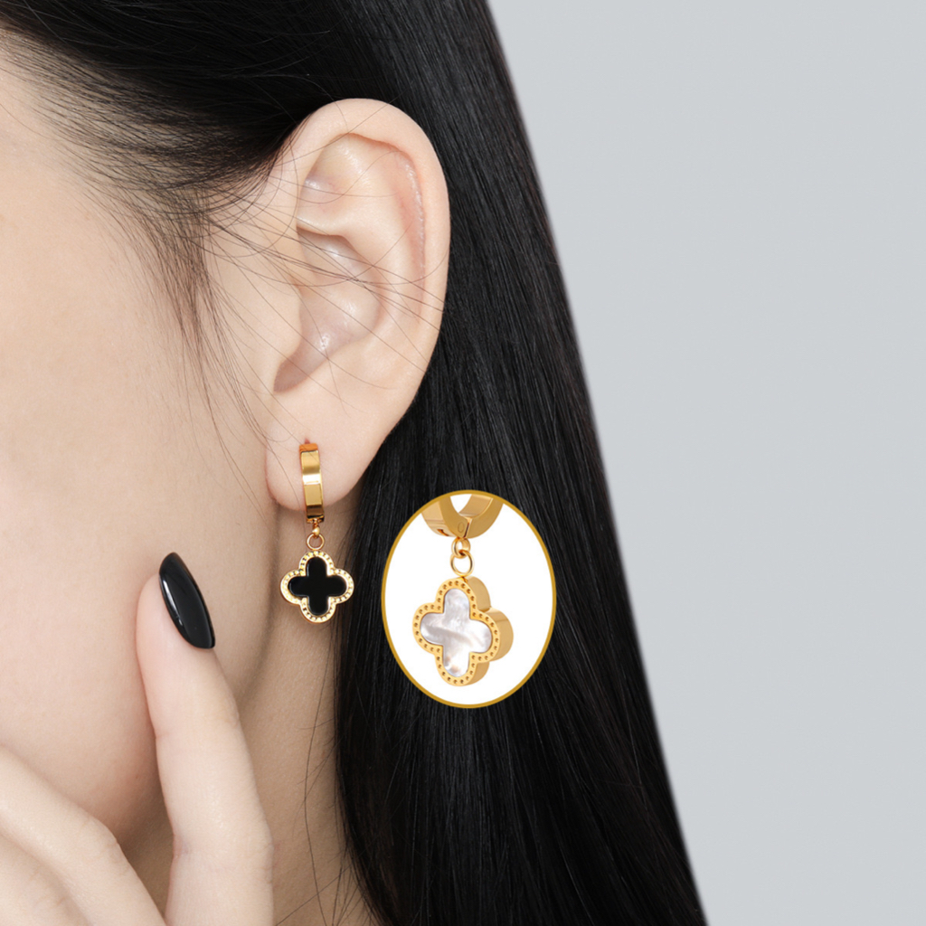 ญี่ปุ่นสไตล์เกาหลี Classy 18K Gold Single-Sided Clover ไทเทเนียมเหล็กต่างหูห้อยสีการเก็บรักษา Hypoallergenic ต่างหู