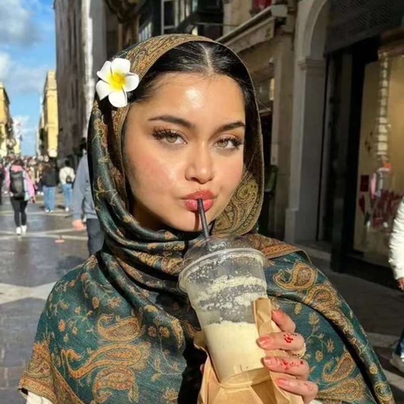 ลาเวน วินเทจเม็ดมะม่วงหิมพานต์ชาติพันธุ์ผ้าคลุมไหล่มุสลิมผ้าคลุมศีรษะ ผ้าแจ็คการ์ด พู่ผ้าคลุมไหล่ผู้หญิงสบายผ้าพันคอหนา