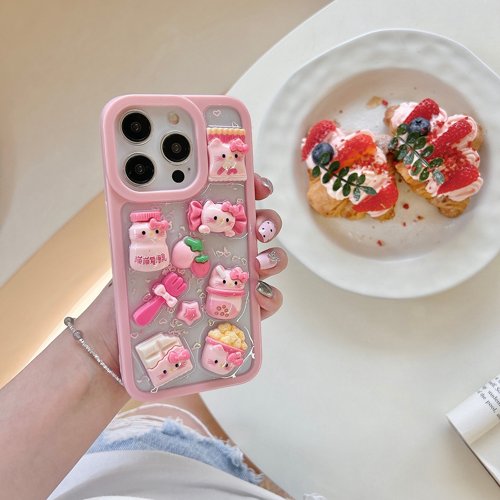 3d Kittyเคสโทรศัพท์สําหรับiPhone 16Pro Max 16 15Pro Max 15 14 ProMax 13 Pro Max 12Pro Maxขนมหวานกันก